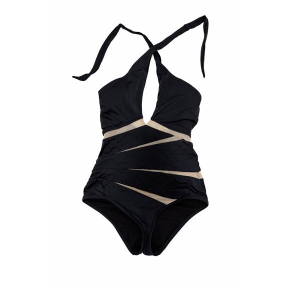 MOEVA Other - Moeva London Black Mesh Panel Plunge Halter One‑Piece Swimsuit S
